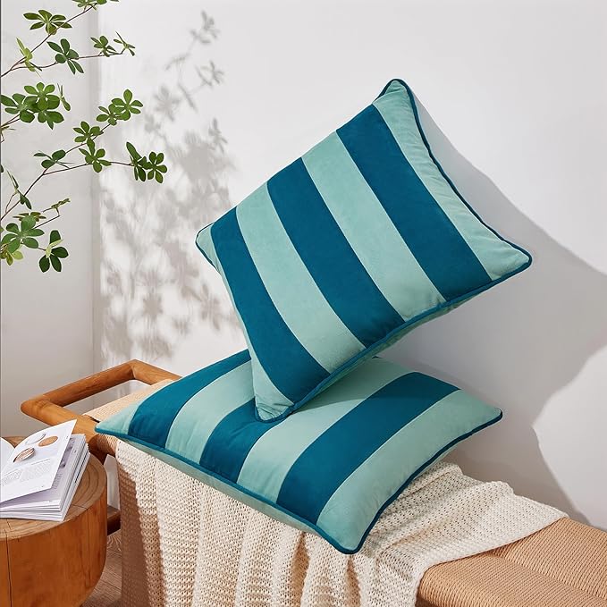 MONDAY MOOSE Decorative Throw Pillow Covers Cushion Cases, Set of 2 Soft Velvet Striped Piping Edge Designs, Pillow Inserts Not Included (Blue/Light Blue, 22x22 inch)