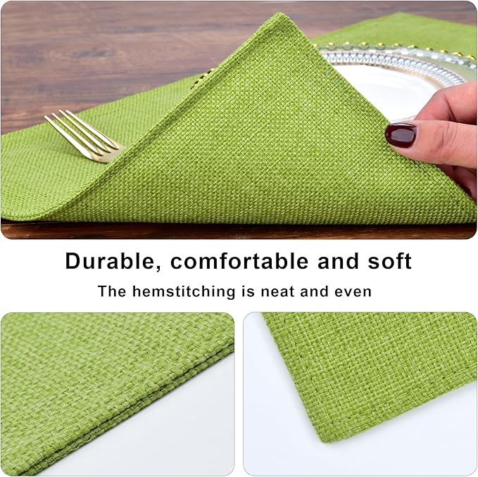 SLKQG Christmas Green Linen-look Placemats Set of 8, Heat Resistant & Machine Washable Double-Layered Cloth Placemats for Dining Table, Indoor/Outdoor Use, Non-Slip Kitchen Table Mats (8, Grass green)
