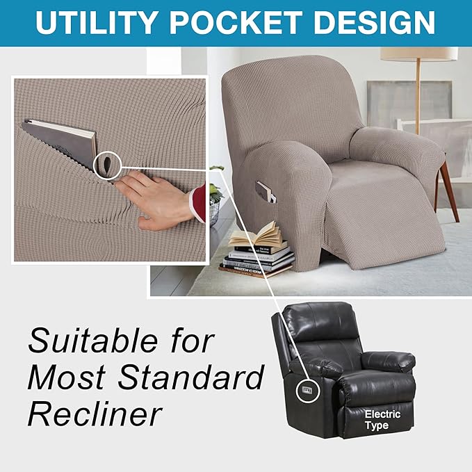 Flamingo P Stretch Recliner Chair Cover Recliner Cover for Electric/Manual Style | Furniture Cover for Reclining with Side Pocket, Soft Checked Jacquard Fabric Form Fitted Standard/Oversized - Taupe