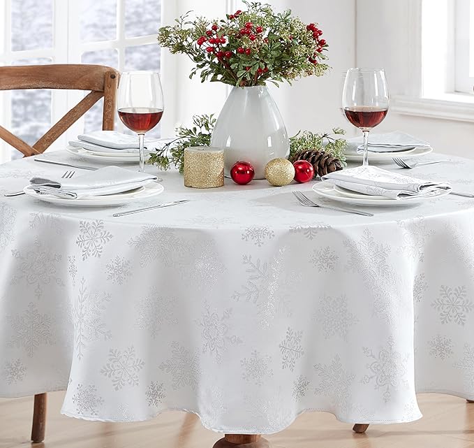 Newbridge Fancy Metallic Snowflake Christmas Fabric Tablecloth, 70 Inch Round, White Silver, No-Iron Soil Resistant Sparkling Snowflakes Woven Holiday Table Cover