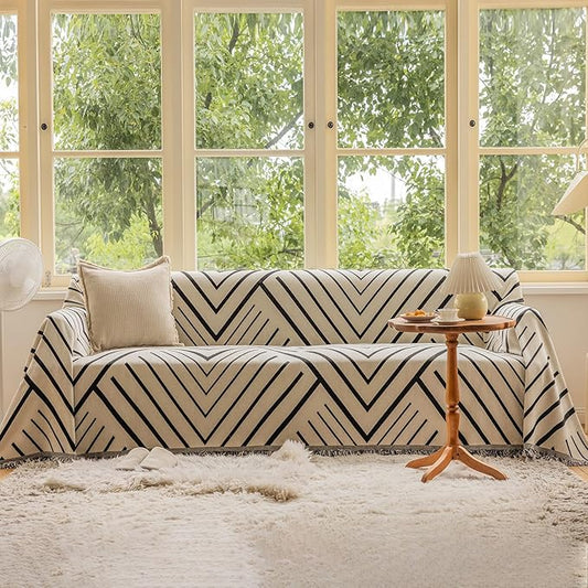 VClife Boho Farmhouse Couch Cover 71''x150'', 1 pc Washable Sofa Covers for 3 Cushion Couch Sofa Kids Soft Chenille Beige Black Herringbone Home Decor Couch Covers for Bed Sofa Living Room Slipcover