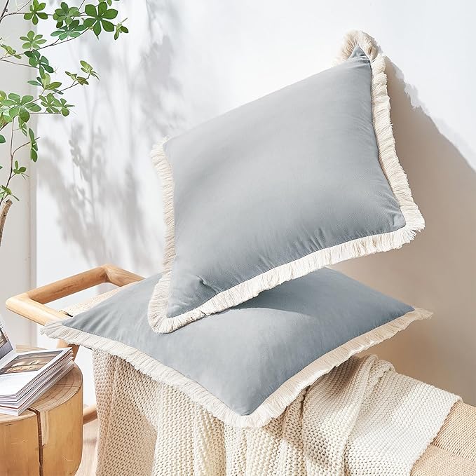 MONDAY MOOSE Decorative Throw Pillow Covers Cushion Cases, Set of 2 Soft Velvet Modern Fringe Tassel Designs, Mix and Match for Home Decor, Pillow Inserts Not Included (Powder Blue, 16x16 inch)