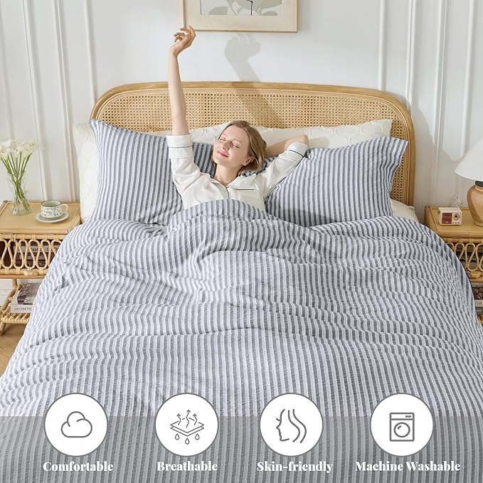 MILDLY Dark Grey Striped Duvet Cover - 100% Washed Cotton Jacquard Boho Textured Comforter Cover 2pcs with Corner Ties Zipper Closure 68"x90"