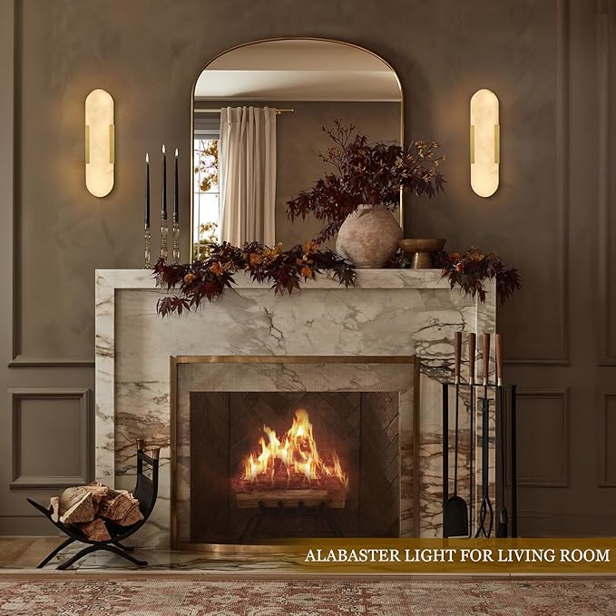 Alabaster Wall Sconce 13.8in Natural Spanish Marble Wall Sconces, Dimmble Gold Modern Bathroom Sconces Vanity Lighting, Antique Brass Sconce Wall Lighting for Living Room, Bedroom, Hallway, Stairs