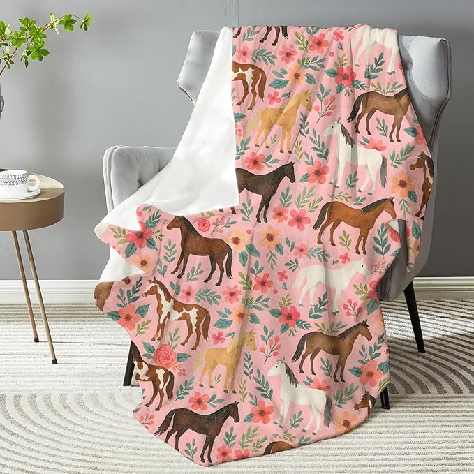 Charming Horse Floral Blanket, Plush Soft Lightweight Warm Cozy Flannel 50×40 inch Colorful Horses Throw Blanket for Couch, Travel, Bed, Outdoor, Gifts for Women Kids Teens Adults Girls