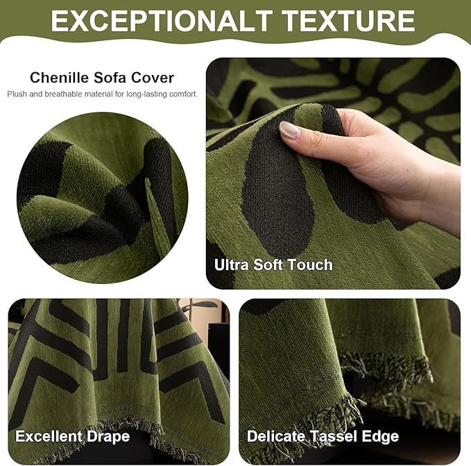 VClife Boho Couch Cover Soft Chenille Sofa Cover for Sofa Bed, 1 Piece XXL Couch Covers for 3 Cushion Couch Sofa Washable Green Black Jacquard Pattern Sofa Protector for Living Room 71''x150''