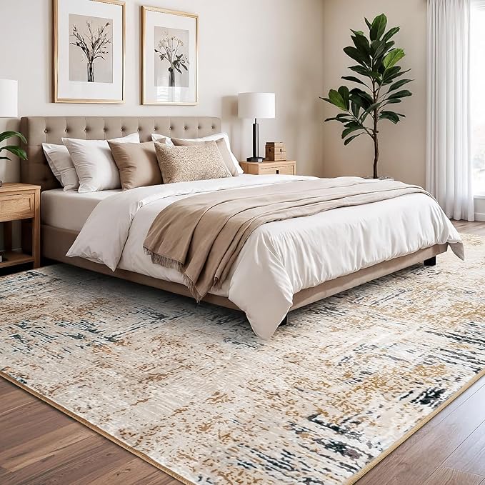 Rugflix 9x12 Area Rug for Living Room, Washable Modern Abstract Rug Low-Pile Non Slip Backing, Soft Large Farmhouse Carpet for Bedroom Dining Room Home Office, Brown Grey