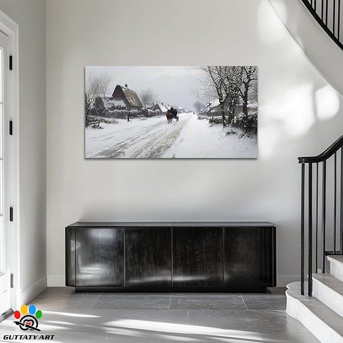GUTTATY Christmas Winter Scene Canvas Wall Art, Countryside Snow Pictures, Rustic Wall Decor with Horse Carriage, Serene Canvas Painting for Living Room, Bedroom, Holiday Home Decor, 60x30 Inch