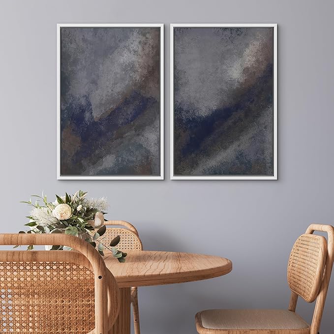 SIGNWIN Framed Canvas Print Wall Art Set Midnight Slate Abstract Blue and Gray Brushstroke Zen Bohemian for Living Room, Bedroom, Office - 16"x24"x2 WHITE