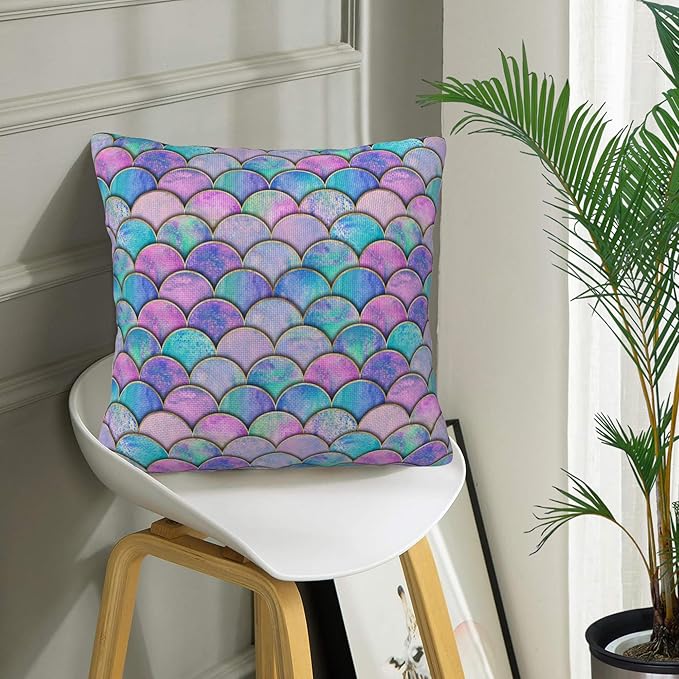 Throw Pillow Covers Mermaid Fish Scale Pillow Covers 18x18 Inch Set of 2 Watercolor Rainbow Scales Throw Pillows Decorative Pillow Cases Cushion Covers for Bedroom Livingroom Sofa Farm House
