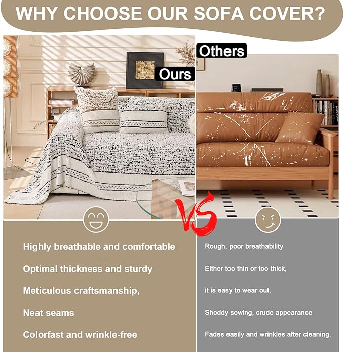 ROOMLIFE Thicked Striped Boho Black Couch Cover for 2-3 Cushion Sofa, Fuzzy Plush Warm Sofa Slipcovers Sectional Sofas Covers, Non Slip Washable Furniture Protector Soft with Tassel,Winter 71''X118”
