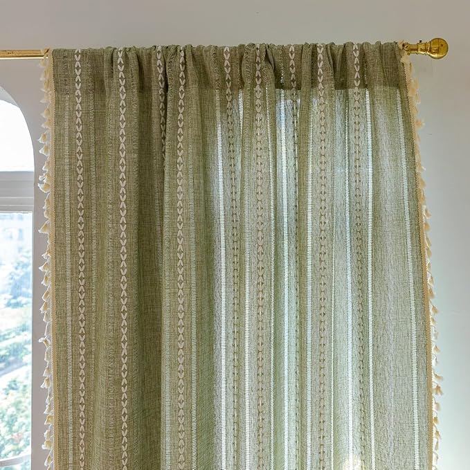Sutuo Home Green Boho Curtains 120 inch Extra Long for Bohemian Farmhouse House Decoration, 52" Wide 1 Panel Semi Blackout Window Treatment, Privacy Embroidery Drape for Bedroom Living Room Guest Room