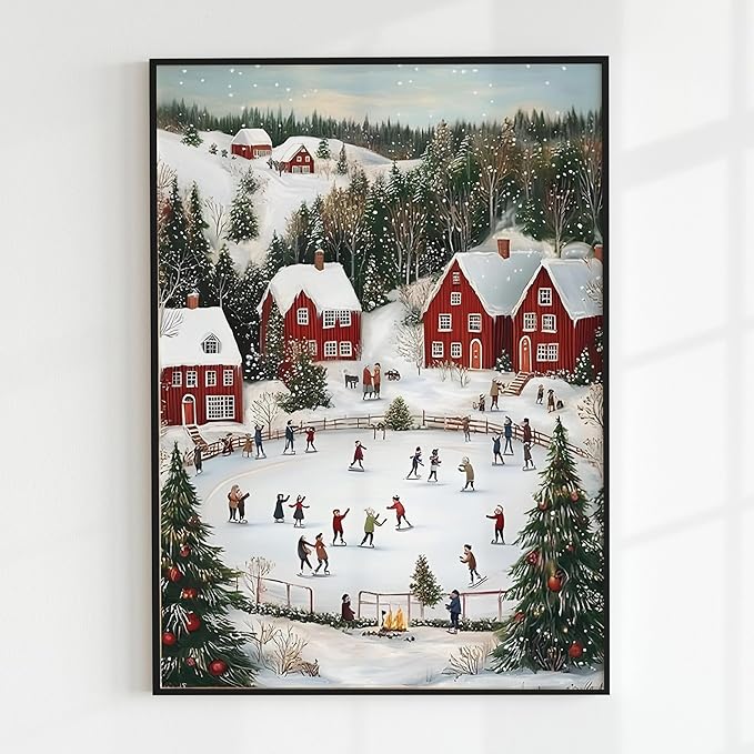 OZCONO Snowy Christmas Village Wall Art, Cozy Xmas Holiday Decor, Nordic Winter Town Scene with Ice Skating, Seasonal Home Artwork, Festive Scandinavian Cabin Accent (Unframed) (20x30)