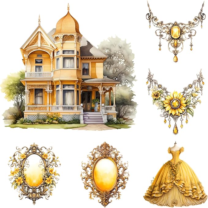 XERE 84 Pcs Yellow Victorian Era Scrapbook Stickers Set, Aesthetic Sticker for Scrapbooking and Journaling, Junk Journal Supplies, Bullet Journals Materials, Planner Arts Craft Collage Supplies
