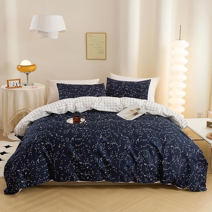 ECOCOTT Duvet Cover Queen, 100% Natural Cotton 1 Duvet Cover +2 Pillowcases Bedding Set,Navy and Cosmic Constellation Reversible Printed Pattern Soft Cozy Breathable and Durable Duvet Cover Set