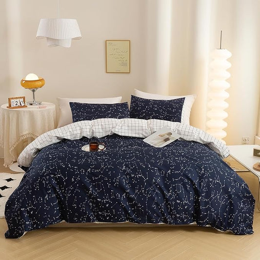 ECOCOTT Duvet Cover Queen, 100% Natural Cotton 1 Duvet Cover +2 Pillowcases Bedding Set,Navy and Cosmic Constellation Reversible Printed Pattern Soft Cozy Breathable and Durable Duvet Cover Set
