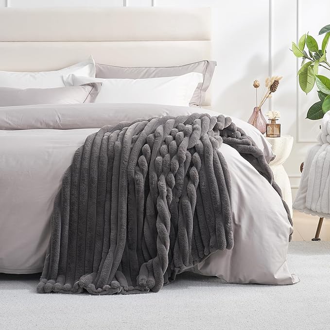 Amélie Home Faux Fur Throw Blanket for Couch, Cozy Fuzzy Fluffy Fur Luxurious Soft Striped Plush Gift Blankets for Family Sofa Chair Bedroom, 60"x80", Charcoal Grey