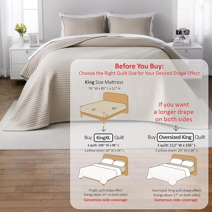 XL King Quilt Set – 108"x98" Soft Washed 3-Layer Lightweight Bedspread with Multi-Lock Quilting, Minimalist Nordic Bedding, All-Season Quilt for Spring & Summer (1 Quilt + 2 Pillow Shams),Oatmeal