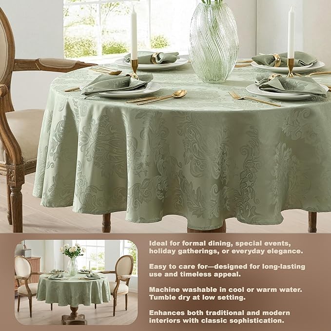 Newbridge Barcelona Damask Fabric Tablecloth, 70 Inch Round, Sage Green – No Iron, Soil Resistant Table Cover for Dining, Parties and Holidays
