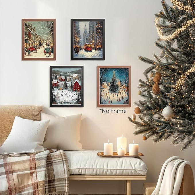 AEHIE Vintage Christmas Ice Skating Winter Village Wall Art Poster Prints for Home Living Room, Xmas Winter Snow Scene Street Poster Prints, Vintage Christmas Holidaye Wall Art Unframed 4pcs 8x10inch