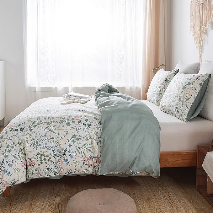 HoneiLife King Size 100% Cotton Floral Breathable Duvet Cover with Zipper Closure & Corner Ties,3pcs Wildflower Comforter Cover Sets- Fragrant Grass