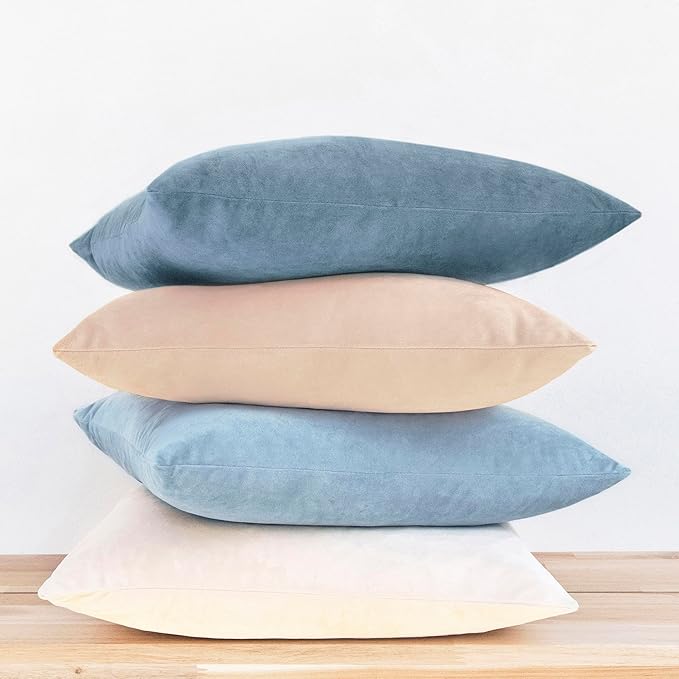 MONDAY MOOSE Decorative Throw Pillow Covers Cushion Cases, Set of 4 Soft Velvet Modern Designs, Mix and Match for Home Decor, Pillow Inserts Not Included (18x18 inch, Beige/Light Blue)