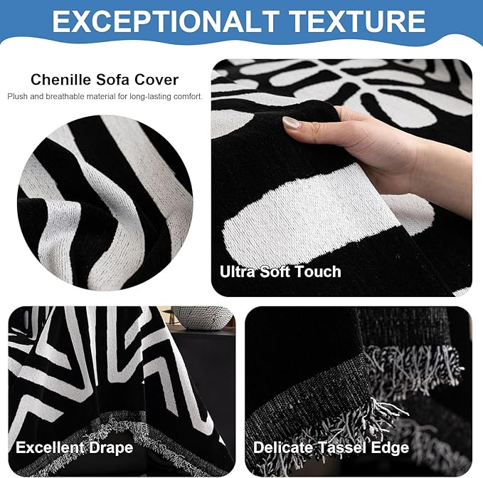 VClife Boho Couch Cover Soft Chenille Sofa Cover for Sofa Bed, 1 Piece XL Couch Covers for 3 Cushion Couch Sofa Washable White Black Jacquard Pattern Sofa Protector for Living Room 71''x134''