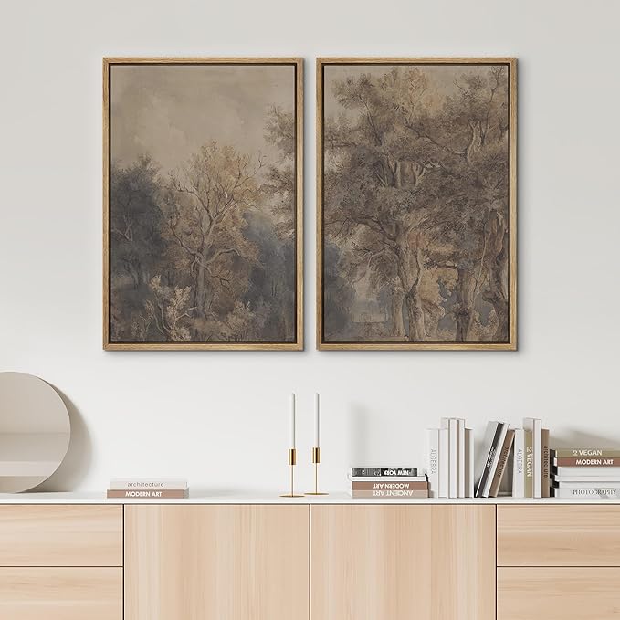 SIGNWIN Framed Canvas Print Wall Art Set Vintage Tree Sketch Classic Sepia-Toned Forest Illustrations Modern Art Scenic Colorful for Living Room, Bedroom, Office - 24"x36"x2 Natural