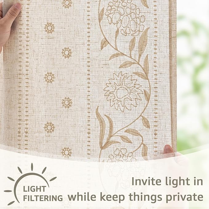 jinchan Winslow Linen Curtains for Bedroom 108 Inches Length Embroidered Bordered Floral Curtains for Living Room Farmhouse Decor Light Filtering Window Treatments Ivory on Beige Drapes 2 Panels