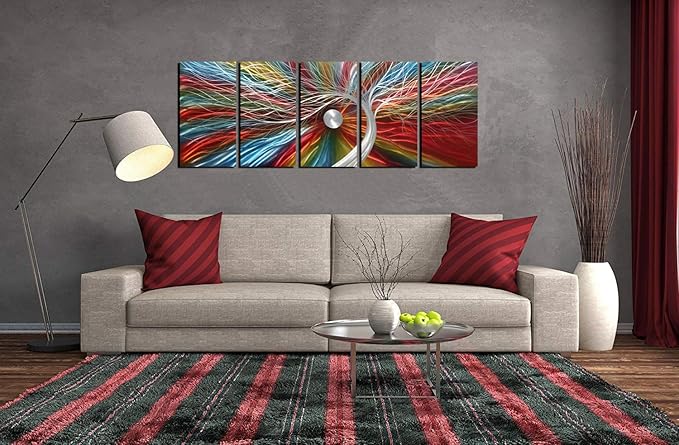 Metal Wall Art with Colorful Fantastic Tree Design, Abstract Modern and Contemporary Décor, Handcrafted Metal Wall Sculpture, Unique Aluminum Artwork, Indoor and Outdoor decoration, 5 panels 64"x24"