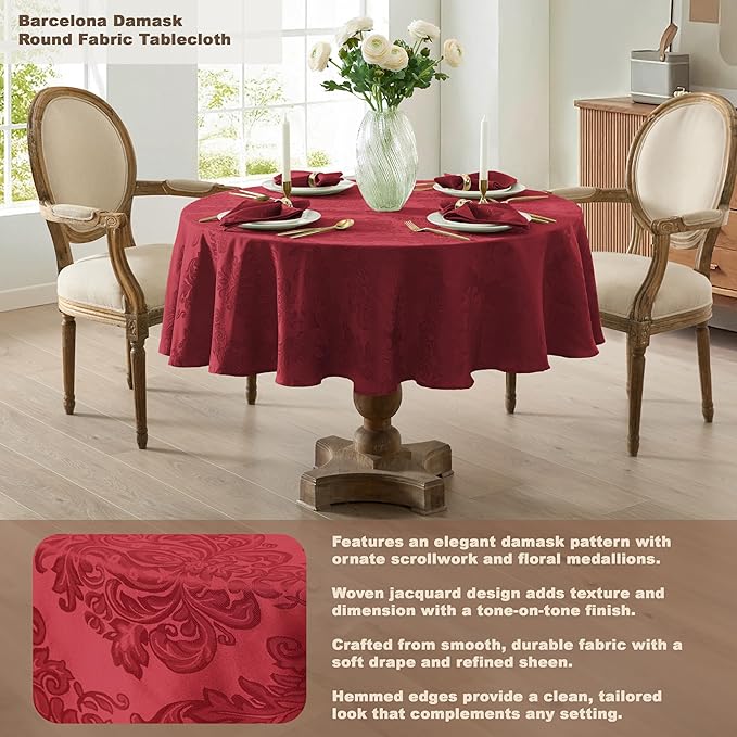 Newbridge Barcelona Damask Fabric Tablecloth, 70 Inch Round, Burgundy – No Iron, Soil Resistant Table Cover for Dining, Parties and Holidays