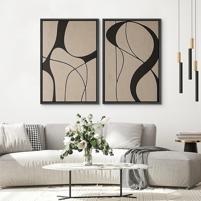 SIGNWIN Framed Canvas Print Wall Art Set Neutral Beige and Black Abstract Line Modern Minimalist Modern Art Minimal Boho Relax/Calm for Living Room, Bedroom, Office - 24"x36"x2 Black