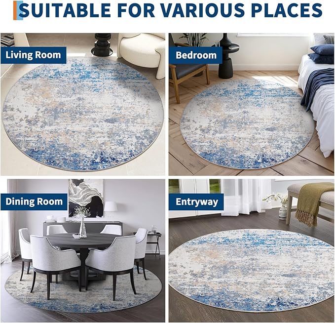 Modern Abstract 8x8 Round Area Rug Non Slip Non Shedding Rug Low Pile Stain Resistant for Bedroom Living Room Office Dining Room,Blue/Grey