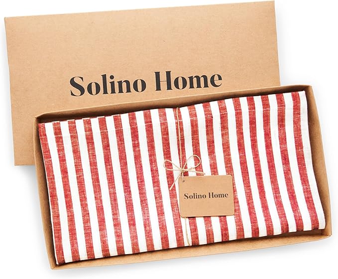 Solino Home Linen Striped Tablecloth 52 x 52 Inch - 100% Pure Linen Red and White Square Table Throw - Amalfi Stripe, Machine Washable Tablecloth