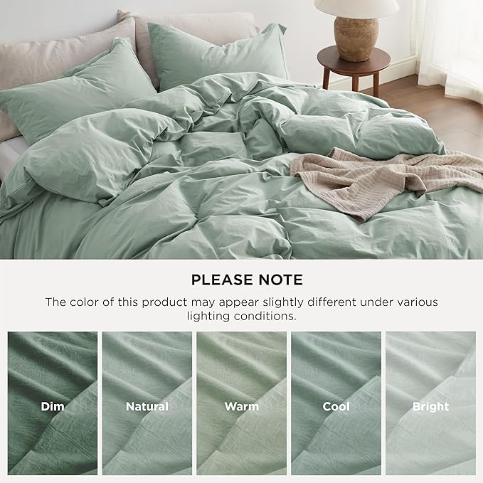 Bedsure 100% Washed Cotton Duvet Cover King Size - Sage Green Minimalist Cotton Duvet Cover Linen Like for All Seasons - GentleSoft™ Plain Simple Bedding (Sage Green, King, 104"x90")