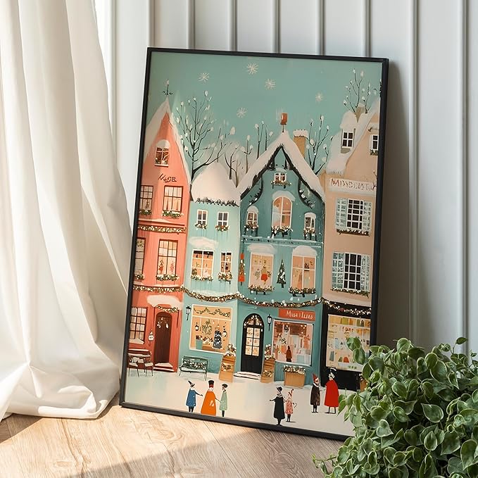 OZCONO Retro Winter Town Art, Pastel Christmas Village Decor, Xmas Print, Cozy Holiday Home Accent, Seasonal Wall Artwork for Festive Interior Style (Unframed) (20x30)