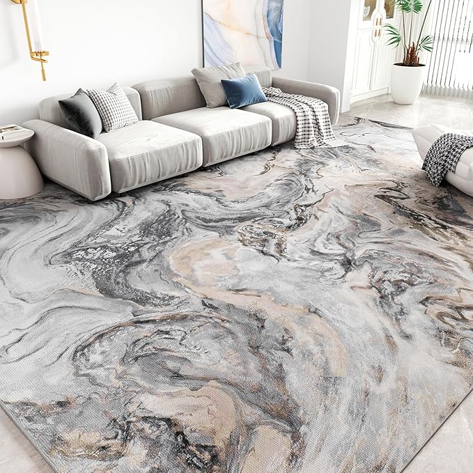 5x7 Area Rugs for Living Room, Modern Abstract Rug for Bedroom, Cream and Grey Machine Washable Rug, Large Stain Resistant Carpet for Dining Room Playroom Home Office, Pet & Kids Friendly
