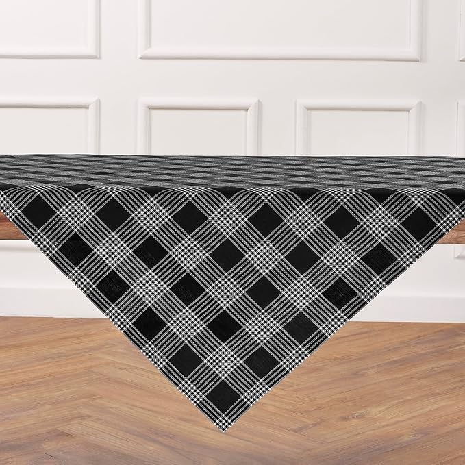 Solino Home Linen Plaid Tablecloth 52 x 52 Inch - 100% Pure Linen Glen Check Black and White Table Throw - Machine Washable Square Table Cloth for Fall, Autumn, Winter, Thanksgiving, Holiday