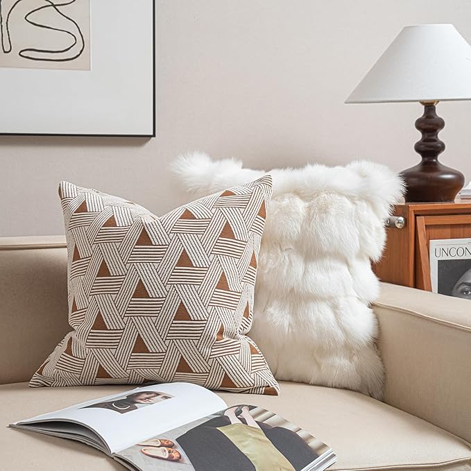 2025 New 22x22'' inches Throw Pillow Cushion Covers - Triangle Pattern Orange Color Chenille Jacquard Embroidery Luxury Modern Style Couch Sofa Bed Pillow Cover for Living Room Bedroom