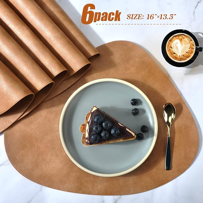 Faux Leather Placemats Set,Round PU Dinning Table Mats,Wipeable Easy to Clean Stain Resistant Heat Resistant Waterproof Place Mats Durable Plate Mats for Table Nordic Style (Brown(6Pack))