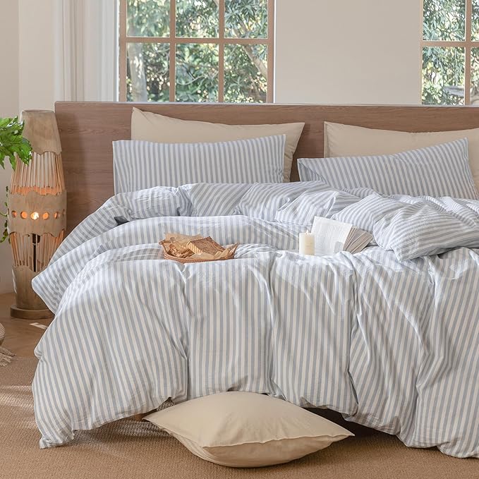 MooMee Striped Duvet Cover Set 100% Washed Cotton Linen Like Textured Breathable Durable Soft Comfy (Cornflower Blue White Classic Stripes, Oversized Queen 98"x98")