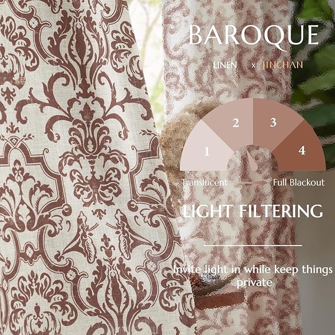jinchan Linen Curtains for Living Room - Brown Damask Patterned 108 Inches Long for Bedroom, Light Filtering Vintage Baroque Style Drapes, Grommet Window Treatments 2 Panels Set