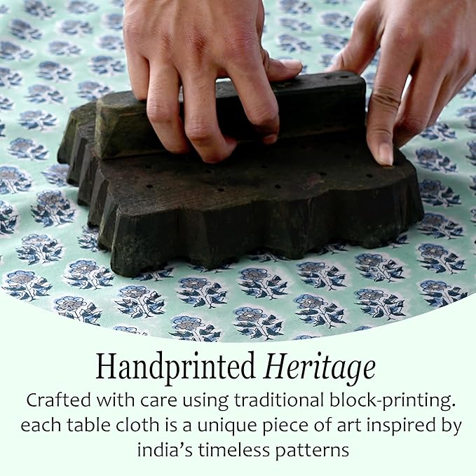 CPC Tablecloth 100% Cotton 72x140 Inch Indian Block Print Rectangle Table Cover, Washable Table Cloth for Weddings, Spring/Summer, Barbeque - Poppy Blue