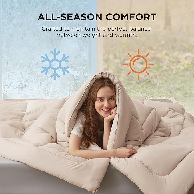 Bedsure Comforter Duvet Insert - Quilted Comforters Oversize Queen Size, All Season Duvet, GentleSoft Down Alternative Bedding, with 8 Tabs, Gifts for Women/Men, Beige, Oversize Queen 98 x 98 Inches