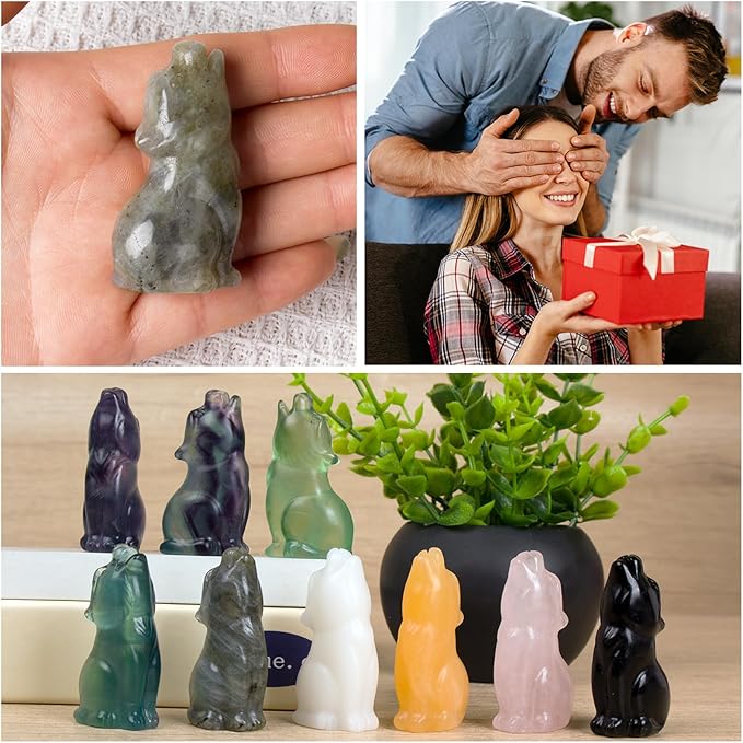 Labradorite Howling Wolf Crystal Figurines, 2.2 Inch Wolf Totem Spirit Animal Statue Decor for Home Office Desk Altar, Hand Carved Natural Healing Crystal Sculpture Gifts for Women Men
