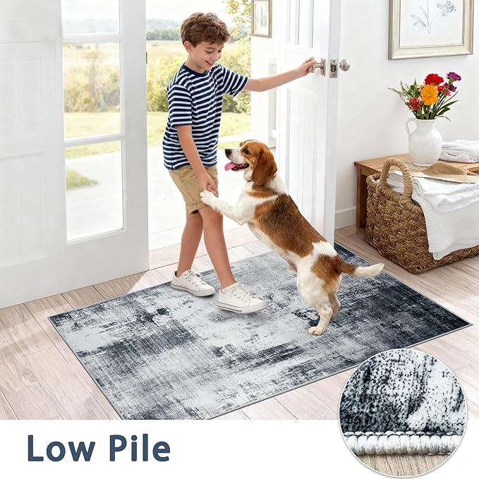 Area Rug 6x9 Washable Rug for Living Room, Modern Abstract Rug，Non-Slip Stain Resistant Carpet for Entryway Bedroom Dining Room Farmhouse Nursery Home Office-Abstract Blue Gray