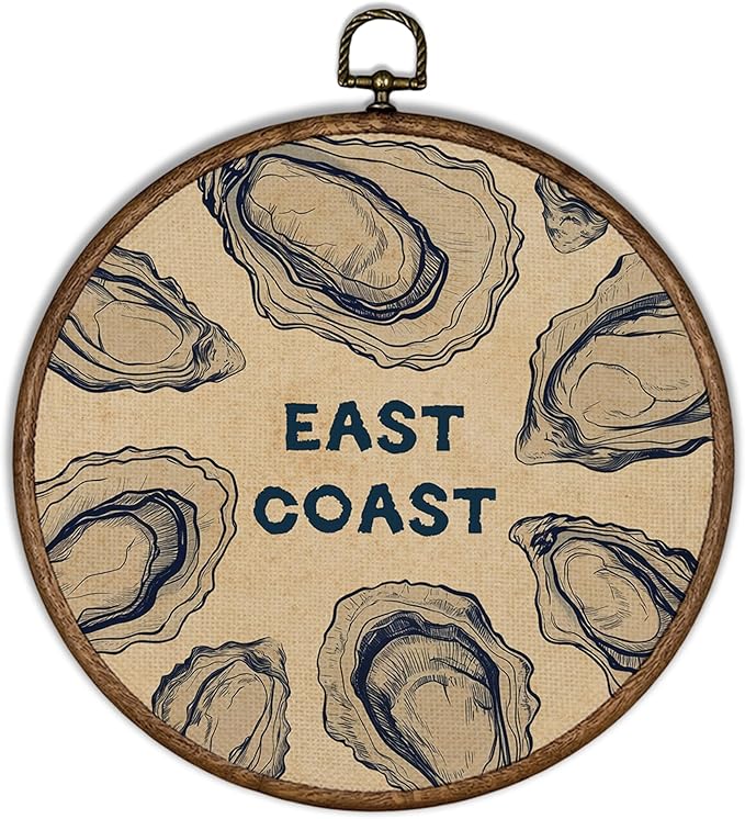 XBBMGG Coastal Oyster Wall Art Decor, Vintage Oyster Shell East Coast Round Wall Hanging Decor, Nautical Ocean Beach Seashell Framed Canvas Prints for Living Room Bathroom Decorations, 10x10inch