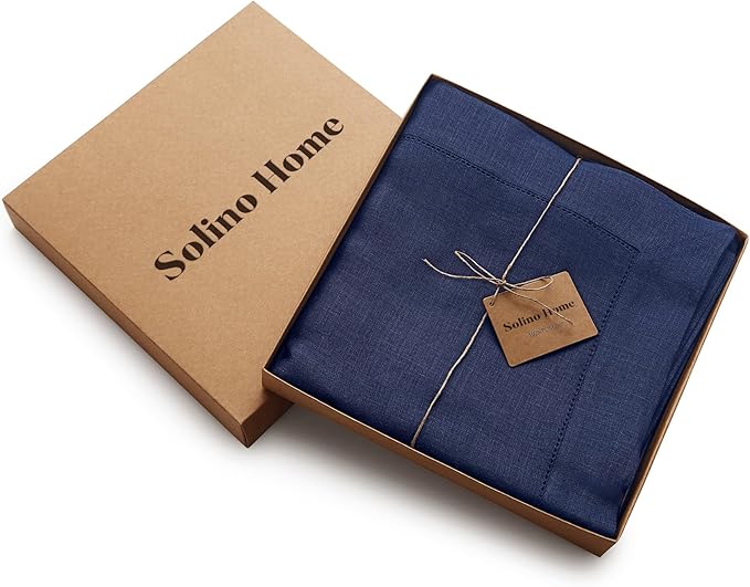 Solino Home Linen Tablecloth for Rectangle Tables 60 x 90 Inch - Classic Hemstitch 100% Pure Linen Navy Blue Table Cloth - Machine Washable Cloth Tablecloth for Fall, Thanksgiving, Christmas, Winter