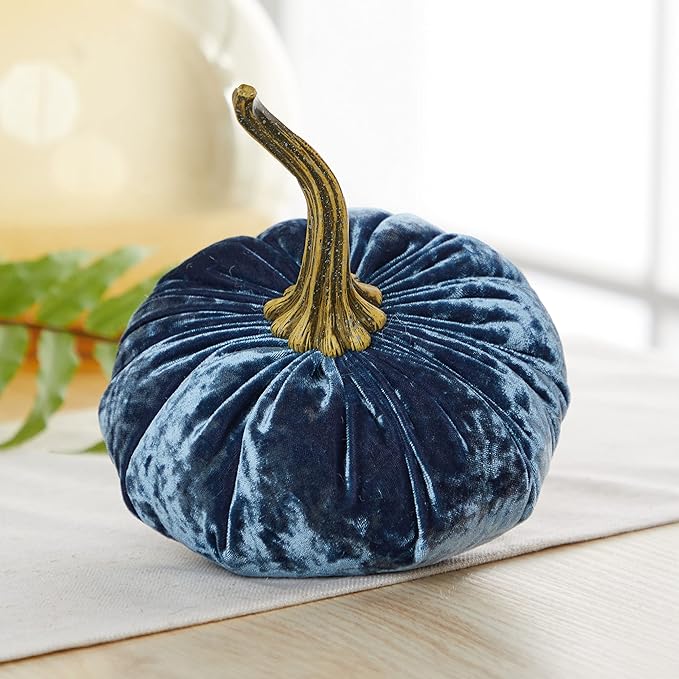 Set of 3 Velvet 6.25 Inch Pumpkins, blue pumpkins, gift set, hygge home, autumn tablescape, bowl filler for kitchen decor, bedroom decor, fall indoor decor (Luxe Indigo, Navy, Ivory)