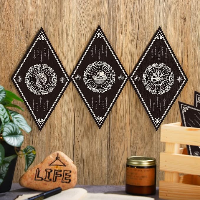 Nuenen 6 Pcs Nordic Vikings Wood Sign Celtic Drakkar Rune Wall Decor Scandinavian Vikings Boat Hanging Wooden Signs Mediaeval Wall Plaque for Christmas Home Kitchen Mythology Runes Artwork Pagan Gifts